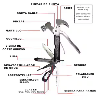 Tactool - Martillo Multiherramienta Portatil 18 en 1